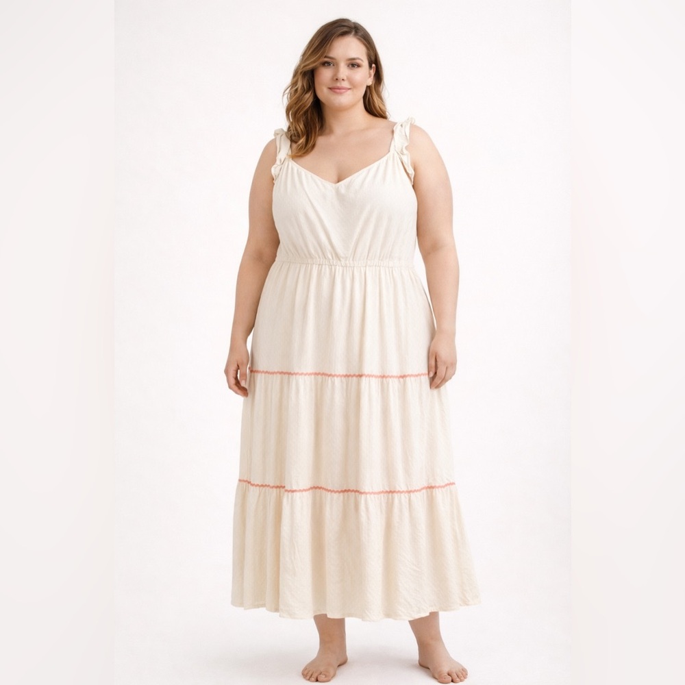 LC Lauren Conrad XXL Boho Cottagecore Tiered Maxi Dress Cream Ruched Strap Dress